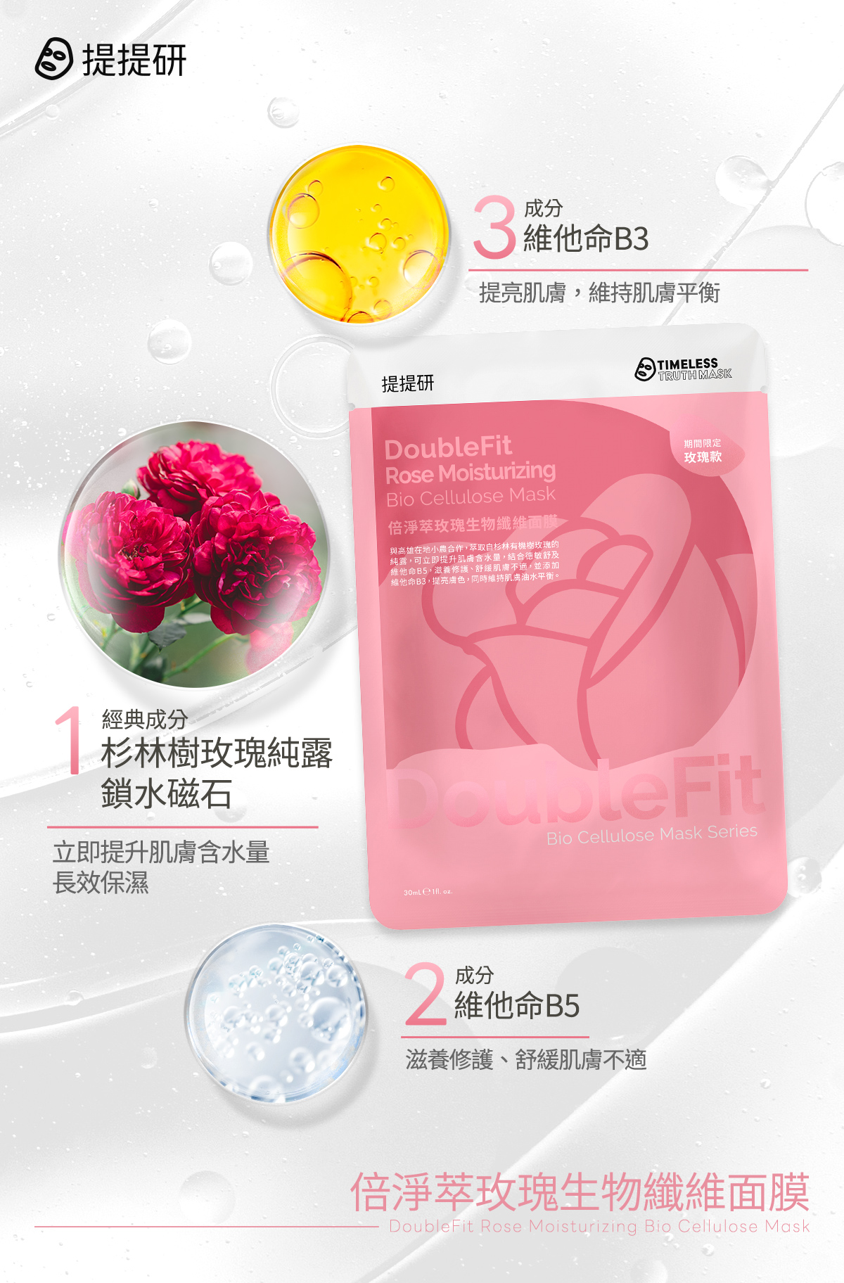 提提研 DoubleFit系列 倍淨萃玫瑰生物纖維面膜 主成分