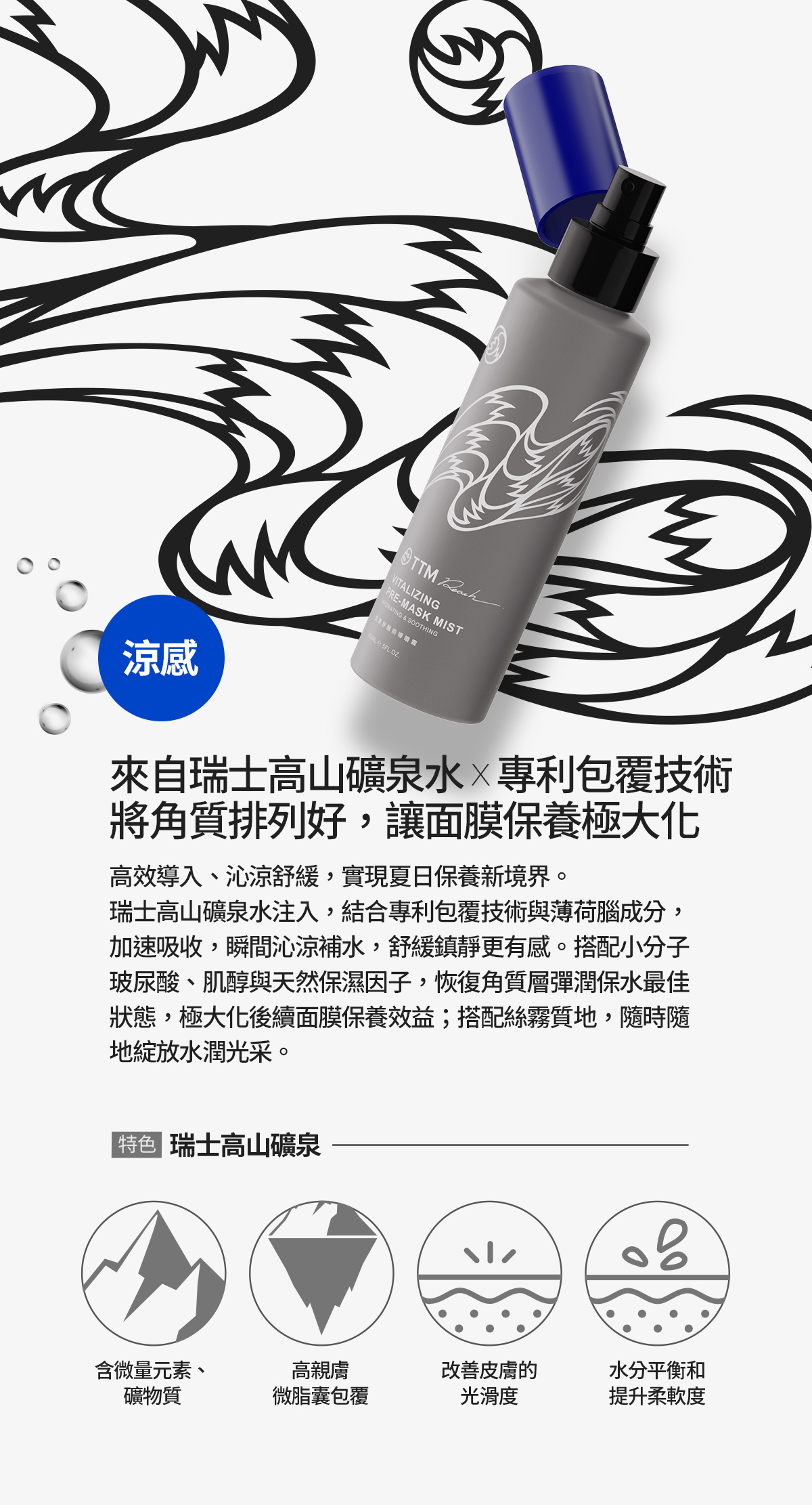 面膜舒醒涼感前導噴霧 | 來自瑞士高山的礦泉水,運用專利的包覆技術,加快吸收速度,為肌膚持續注入水分